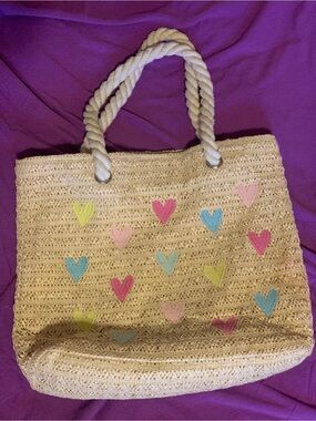 Cat & Jack Woven Straw Tote Bag - Natural w/ Pastel Hearts